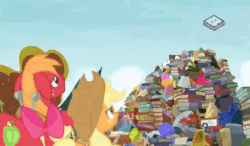 Size: 687x400 | Tagged: safe, screencap, apple bloom, applejack, big macintosh, goldie delicious, cat, earth pony, pony, g4, season 7, the perfect pear, animated, apple siblings, book, cat ball, crazy cat lady, dramatic entrance, female, filly, foam finger, gif, goldie delicious' cats, male, mare, pile, stallion, too many cats