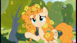 Size: 1366x768 | Tagged: safe, screencap, pear butter, earth pony, pony, g4, the perfect pear, cute, female, flower, flower in hair, mare, pear tree, pearabetes, solo