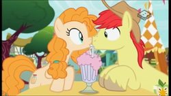 Size: 1366x768 | Tagged: safe, screencap, bright mac, pear butter, earth pony, pony, g4, the perfect pear, boop, eye contact, looking at each other, milkshake, noseboop, sharing a drink, ship:brightbutter, straw