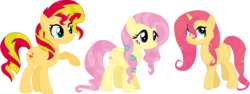 Size: 1118x422 | Tagged: safe, artist:s-haii, fluttershy, sky skimmer, sunset shimmer, pony, unicorn, g4, alternate universe, female, flower, flower in hair, lesbian, magical lesbian spawn, offspring, parent:fluttershy, parent:sunset shimmer, parents:sunshyne, ship:sunshyne, shipping, simple background, transparent background