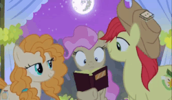 Size: 687x400 | Tagged: safe, screencap, bright mac, mayor mare, pear butter, earth pony, pony, g4, season 7, the perfect pear, animated, boomerang (tv channel), eye contact, female, gif, kiss on the lips, kissing, looking at each other, looking at someone, male, mare, mare in the moon, marriage, moon, non-dyed mayor, ship:brightbutter, shipping, smiling, smiling at each other, stallion, straight, trio, wedding, younger