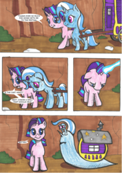 Size: 1240x1754 | Tagged: safe, artist:frenkieart, starlight glimmer, trixie, pony, snail, unicorn, g4, comic, dialogue, snailified, species swap, speech bubble, traditional art, transformation, trixie's wagon