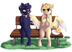 Size: 1100x800 | Tagged: safe, artist:silentwulv, oc, oc only, oc:chocolate chip, oc:sidera, food pony, original species, pegasus, pony, bench, female, food, mare, simple background, sitting, transparent background