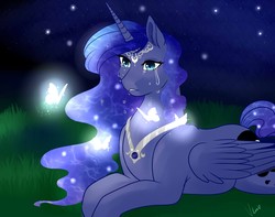 Size: 4976x3927 | Tagged: safe, artist:varshacoro, princess luna, butterfly, pony, g4, absurd resolution, crying, female, mare, night, prone, solo