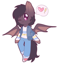 Size: 1024x1138 | Tagged: safe, artist:twily-star, oc, oc only, oc:vida loca, bat pony, anthro, arm hooves, chibi, clothes, female, mare, one eye closed, simple background, solo, transparent background, watermark, wink