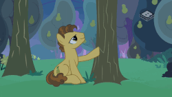 Size: 809x455 | Tagged: safe, screencap, grand pear, earth pony, pony, g4, the perfect pear, animated, boomerang (tv channel), cargo ship, food, gif, hug, kissing, male, orchard, pear, pear orchard, pear tree, shipping, solo, stallion, tree