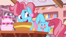 Size: 809x455 | Tagged: safe, screencap, cup cake, earth pony, pony, g4, the perfect pear, animated, boomerang (tv channel), butt, female, gif, look at my butt, out of context, plot, pointing, sugarcube corner