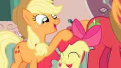 Size: 809x455 | Tagged: safe, screencap, apple bloom, applejack, big macintosh, earth pony, pony, g4, the perfect pear, adorabloom, animated, apple siblings, apple sisters, boomerang (tv channel), brother and sister, cute, female, filly, foal, gif, jackabetes, male, mare, noogie, offscreen character, siblings, sisters, stallion