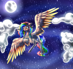 Size: 1024x975 | Tagged: safe, artist:silverbabywolf, oc, oc only, pegasus, pony, cloud, colored wings, female, flying, mare, moon, multicolored wings, night, solo