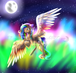 Size: 1024x975 | Tagged: safe, artist:silverbabywolf, oc, oc only, pegasus, pony, aurora borealis, colored wings, female, flying, mare, moon, multicolored wings, night, solo