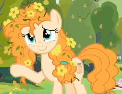 Size: 522x403 | Tagged: safe, screencap, pear butter, pony, g4, the perfect pear, animated, boomerang (tv channel), cropped, cute, female, flower, flower in hair, gif, messy mane, pear tree, pearabetes, solo, waving
