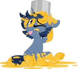 Size: 1893x1693 | Tagged: safe, artist:kellythedrawinguni, oc, oc only, oc:b.b., pony, unicorn, chibi, foal, male, mess, one eye closed, paint, paint bucket, paint can, paint on fur, silly, silly pony, simple background, solo, stallion, transparent background, underhoof, wink
