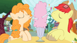 Size: 809x455 | Tagged: safe, screencap, bright mac, pear butter, earth pony, pony, g4, the perfect pear, accidental kiss, animated, boomerang (tv channel), duo, female, gif, lady and the tramp, male, mare, milkshake, sharing a drink, ship:brightbutter, shipping, spaghetti scene, stallion, straight, straw