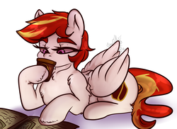 Size: 1828x1332 | Tagged: safe, artist:slynecallisto, oc, oc only, oc:sunny flare, pony, coffee, female, mare, newspaper, simple background, solo