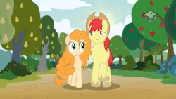 Size: 655x369 | Tagged: safe, screencap, bright mac, pear butter, earth pony, pony, g4, season 7, the perfect pear, animated, apple tree, autumn, blushing, boomerang (tv channel), clothes, duo, female, gif, male, mare, pear tree, scarf, seasons, shared scarf, ship:brightbutter, shipping, spring, stallion, straight, summer, time-lapse, tree, winter