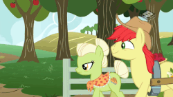 Size: 696x392 | Tagged: safe, screencap, bright mac, granny smith, earth pony, pony, g4, the perfect pear, angry, animated, blushing, boomerang (tv channel), cart, cowboy hat, female, frown, gif, harness, hat, head shake, male, mother and son, pulling, shipping denied, stallion, stetson, tack, unamused, waving, young granny smith, younger