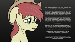 Size: 2870x1614 | Tagged: safe, artist:aaronmk, bright mac, g4, the perfect pear, applejack's parents, feels, implied death, implied pear butter, male, older, sad, simple background, solo, text, that was fast