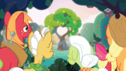 Size: 809x455 | Tagged: safe, screencap, apple bloom, applejack, big macintosh, grand pear, granny smith, earth pony, pony, g4, the perfect pear, animated, apple, apple tree, boomerang (tv channel), female, food, gif, intertwined trees, male, mare, pear, pear tree, stallion, tree