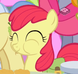 Size: 422x404 | Tagged: safe, screencap, apple bloom, goldengrape, sir colton vines iii, pony, g4, the perfect pear, adorabloom, animated, aweeg*, boomerang (tv channel), cropped, cute, eating, gif, solo focus