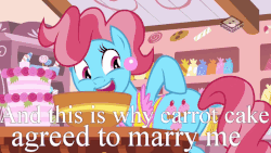 Size: 809x455 | Tagged: safe, edit, edited screencap, screencap, cup cake, earth pony, pony, g4, the perfect pear, animated, boomerang (tv channel), butt, chubby, cup butt, female, gif, image macro, look at my butt, meme, plot, plump, pointing, solo