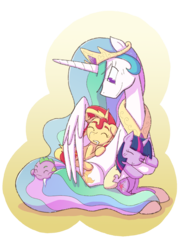 Size: 1404x1920 | Tagged: safe, artist:zanefir-dran, princess celestia, spike, sunset shimmer, twilight sparkle, alicorn, dragon, pony, unicorn, g4, baby, baby dragon, baby spike, best princess, crown, cute, cutelestia, drool, female, filly, filly sunset shimmer, filly twilight sparkle, foal, hoof shoes, hug, jewelry, male, mare, momlestia, motherly, multicolored mane, multicolored tail, pleased, regalia, shimmerbetes, simple background, sleeping, smiling, spikabetes, spikelove, transparent background, twiabetes, unicorn twilight, winghug, younger