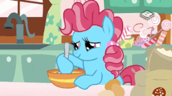 Size: 451x253 | Tagged: safe, screencap, cup cake, pear butter, earth pony, pony, g4, the perfect pear, animated, baking, boomerang (tv channel), cake, chiffon swirl, female, food, gif, icing bag, ladder