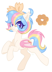 Size: 2648x3644 | Tagged: safe, artist:hawthornss, oc, oc only, oc:lion ring, bat pony, pony, bow, cute, cute little fangs, donut, ear fluff, fangs, food, hair bow, high res, looking at you, simple background, transparent background, underhoof