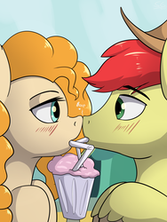 Size: 3000x4000 | Tagged: safe, artist:stargazer, bright mac, pear butter, earth pony, pony, g4, the perfect pear, applejack's parents, blushing, boop, female, hat, high res, male, mare, milkshake, noseboop, sharing a drink, ship:brightbutter, shipping, stallion, straight, straw, that was fast, unshorn fetlocks, wide eyes