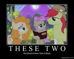 Size: 600x480 | Tagged: safe, edit, edited screencap, screencap, bright mac, mayor mare, pear butter, earth pony, pony, g4, the perfect pear, book, demotivational poster, denial, female, lidded eyes, looking at each other, male, mare in the moon, marriage, meme, moon, night, non-dyed mayor, ship:brightbutter, shipping, straight, wedding, younger