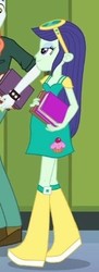 Size: 150x411 | Tagged: safe, screencap, blueberry cake, scott green, equestria girls, g4, my little pony equestria girls, book, boots, cropped, cupcake, female, food, glasses, high heel boots, lockers, male, raised leg, wristband