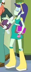 Size: 173x401 | Tagged: safe, screencap, blueberry cake, scott green, equestria girls, g4, my little pony equestria girls, book, boots, clothes, cropped, cupcake, ear piercing, earring, eyes closed, female, food, glasses, high heel boots, jewelry, lockers, male, piercing, raised leg, shoes, wristband