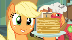 Size: 1024x576 | Tagged: safe, screencap, applejack, big macintosh, earth pony, pony, g4, the perfect pear, boomerang (tv channel), chef's hat, female, food, hat, male, mare, pancakes, stallion