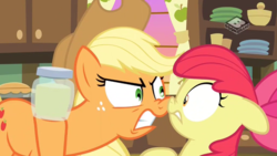Size: 1024x576 | Tagged: safe, screencap, apple bloom, applejack, earth pony, pony, g4, the perfect pear, boomerang (tv channel), duo, female, filly, foal, mare, nose to nose, pear jam
