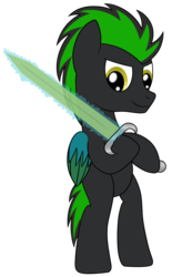 Size: 1126x1819 | Tagged: safe, artist:cloudy95, oc, oc only, oc:electric night, pegasus, pony, bipedal, colored wings, electricity, male, multicolored wings, simple background, solo, stallion, sword, transparent background, weapon
