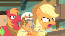 Size: 1024x576 | Tagged: safe, screencap, applejack, big macintosh, earth pony, pony, g4, the perfect pear, angry, boomerang (tv channel), credits, dirty