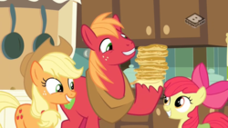 Size: 1024x576 | Tagged: safe, screencap, apple bloom, applejack, big macintosh, earth pony, pony, g4, the perfect pear, boomerang (tv channel), food, happy, male, pancakes, stallion