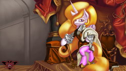 Size: 3840x2160 | Tagged: safe, artist:tsaritsaluna, princess celestia, alicorn, pony, g4, alternate hairstyle, bipedal, chair, clothes, curtains, fine art parody, high res, looking at you, scepter