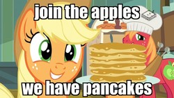 Size: 1024x576 | Tagged: safe, edit, edited screencap, screencap, applejack, big macintosh, earth pony, pony, g4, the perfect pear, boomerang (tv channel), female, food, image macro, male, mare, meme, pancakes, stallion