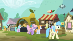 Size: 1024x576 | Tagged: safe, screencap, grand pear, granny smith, honey bulb, earth pony, pony, g4, the perfect pear, apple, bandana, boomerang (tv channel), female, food, male, mare, stallion, young granny smith, younger