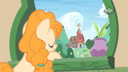 Size: 1024x576 | Tagged: safe, screencap, pear butter, earth pony, pony, g4, the perfect pear, boomerang (tv channel), female, mare, solo, sweet apple acres, window, you're in my head like a catchy song