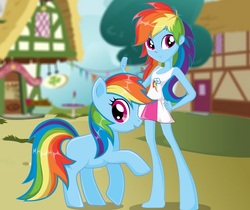 Size: 600x505 | Tagged: safe, rainbow dash, earth pony, human, pony, equestria girls, g4, are equestrian girls human?, bootleg, clothes, duality, earth pony rainbow dash, eqg promo pose set, flash game, human ponidox, missing cutie mark, race swap, self ponidox, skirt, stock vector, tank top, wingless