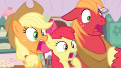 Size: 1024x576 | Tagged: safe, screencap, apple bloom, applejack, big macintosh, earth pony, pony, g4, the perfect pear, boomerang (tv channel), female, gasp, male, mare, open mouth, stallion, surprised