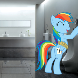 Size: 1010x1008 | Tagged: safe, artist:alexpony, artist:therockinstallion, rainbow dash, pony, fall weather friends, g4, bathroom, bathroom use, but why, butt, female, irl, photo, plot, ponies in real life, promingent female, solo, toilet, urinal