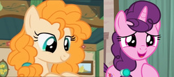 Size: 1726x768 | Tagged: safe, edit, edited screencap, screencap, pear butter, sugar belle, earth pony, pony, g4, hard to say anything, the perfect pear, comparison, female, mare