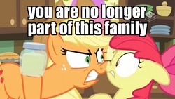 Size: 1024x576 | Tagged: safe, edit, edited screencap, screencap, apple bloom, applejack, earth pony, pony, g4, the perfect pear, abuse, angry, apple sisters, applebuse, applejerk, boomerang (tv channel), dishonorapple, disowned, female, filly, foal, image macro, mare, meme, nose to nose, pear, pear jam, shunning, sisters, that pony sure does hate pears, verbal abuse
