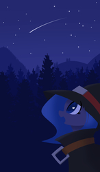 Size: 1400x2400 | Tagged: safe, artist:l8lhh8086, oc, oc only, oc:sain, pony, amazed, female, forest, hat, looking up, mare, night, shooting star, solo, tree, witch hat