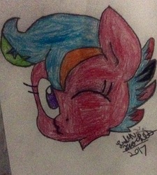 Size: 1219x1357 | Tagged: safe, artist:theanimefanz, oc, oc only, oc:zoe spacehead, pony, floating head, meta, multicolored hair, solo, traditional art