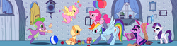 Size: 5000x1300 | Tagged: safe, artist:conte0226, applejack, fluttershy, pinkie pie, rainbow dash, rarity, spike, twilight sparkle, butterfly, dragon, pony, g4, age regression, apple, baby, baby bottle, baby pony, balloon, building blocks, flying, food, high res, levitation, magic, mane seven, mane six, scroll, telekinesis, younger