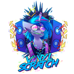 Size: 3000x3000 | Tagged: safe, artist:crownedspade, dj pon-3, vinyl scratch, pony, unicorn, g4, clothes, ear piercing, female, glowstick, high res, mare, mouth hold, piercing, rave, scene kid, simple background, smiling, solo, speaker, sunglasses, transparent background