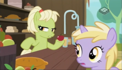 Size: 832x478 | Tagged: safe, screencap, dinky hooves, granny smith, earth pony, pony, unicorn, g4, the perfect pear, female, filly, foal, mare, time paradox, young granny smith, younger